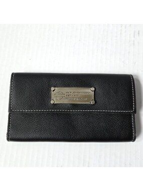 Harley Davidson Wallet Black Leather Clutch Silver Logo Biker Moto